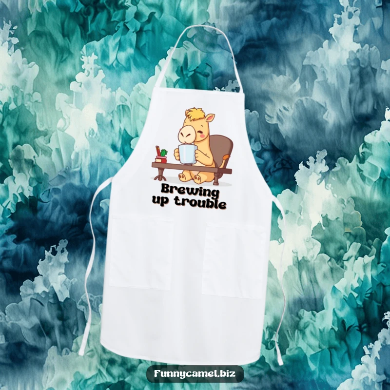 Funny kawaii camel character sipping coffee from a large mug at a desk, a cute apron for coffee enthusiasts, a gift.