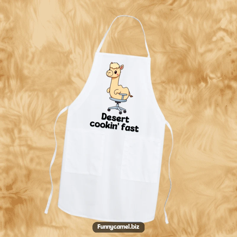Funny kawaii camel rides an abstract office chair, adding a touch of humor to this functional kitchen apron.