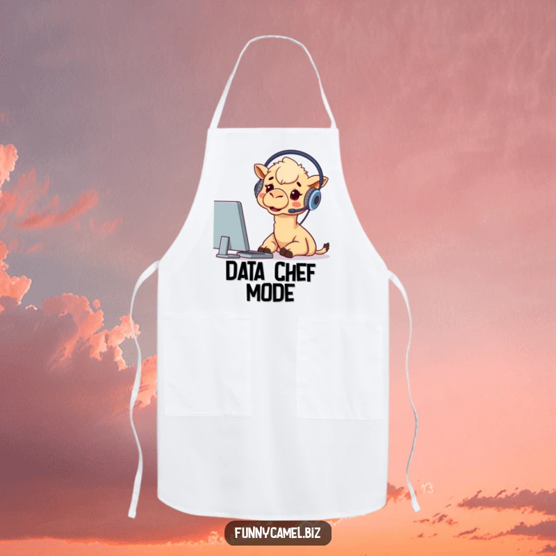 Funny apron with a camel wearing a headset, focused on a computer screen, blending kitchen tasks with tech enthusiasm.