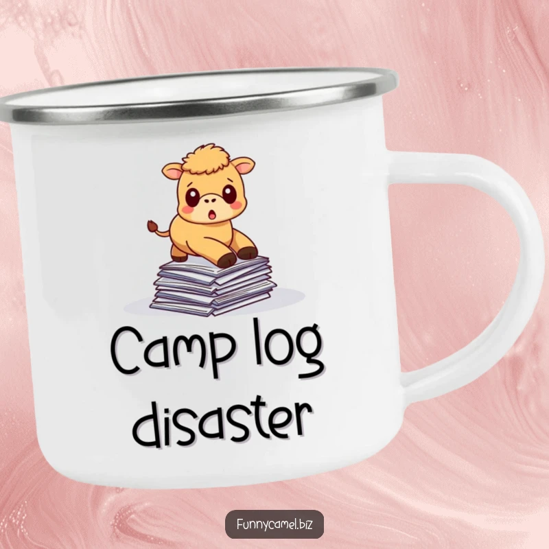 Funny kawaii camel tripping over papers, printed on a rugged, funny enamel camping mug.