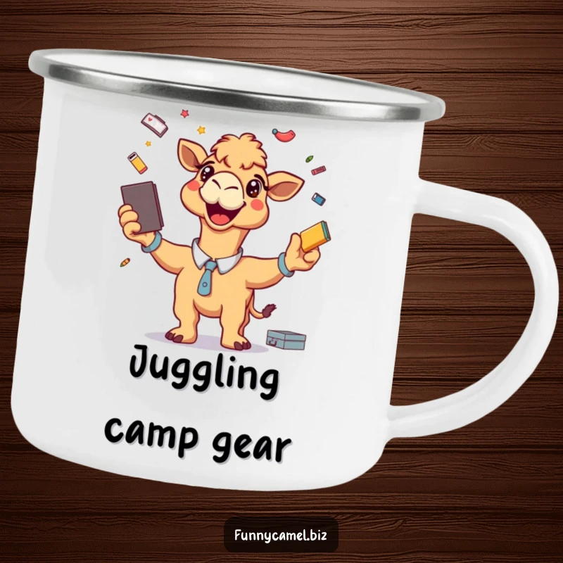 Funny camping mug showing an energetic camel juggling camp supplies, embodying fun and readiness for adventure.