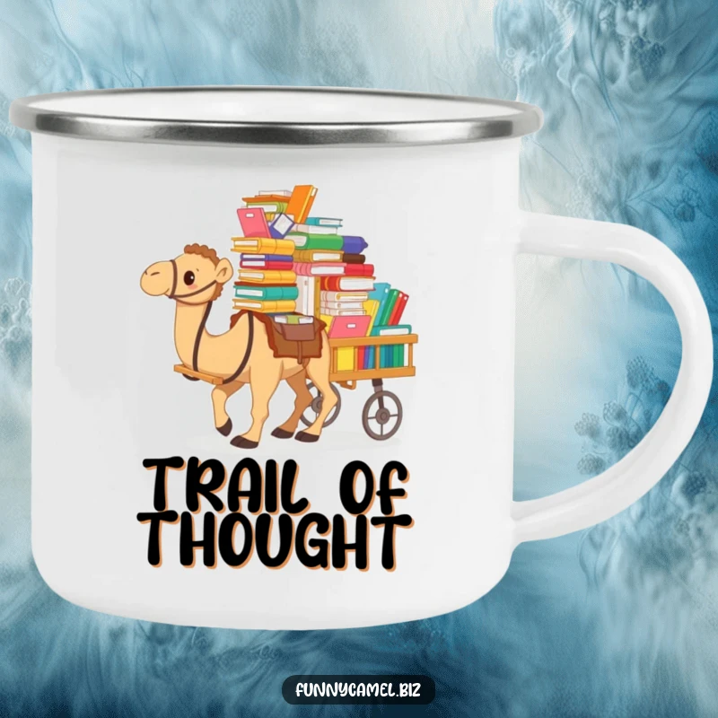 Funny camping mug depicting a camel pulling a cart piled high with camping gear and documents, ready for adventure.