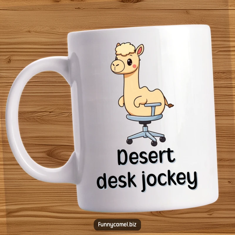 Funny kawaii camel character humorously rides on a rolling, abstract office chair on this unique mug.