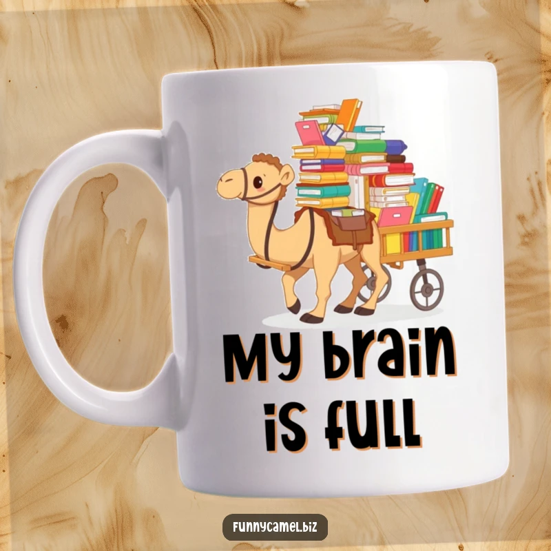 Funny mug featuring a determined camel struggling with a cart piled high with colorful documents and files, showcasing office work overload.