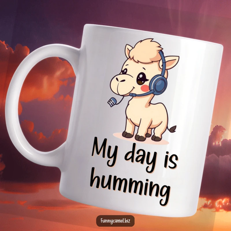 Funny kawaii camel wearing a headset, talking into a microphone, representing busy work life on a mug.