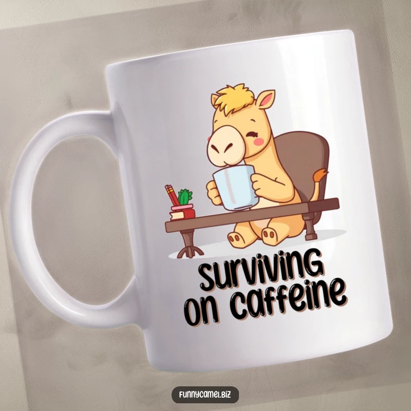 Funny kawaii camel character sipping coffee from a comically large mug at a desk, looking overwhelmed and happy, a gift.