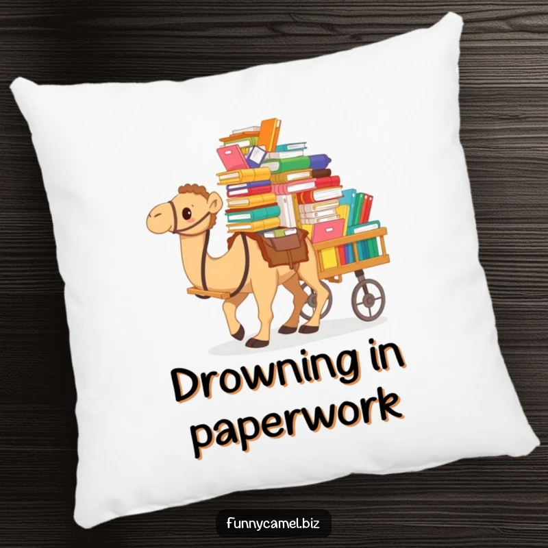 Funny pillow design of a camel overwhelmed by a cart full of colorful documents and files, adding humorous office decor.