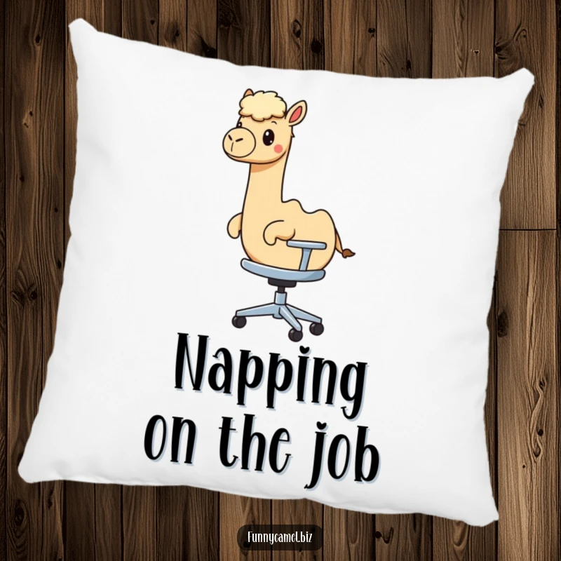 Funny kawaii camel rides an abstract office chair, offering plush comfort and humor on this decorative pillow.