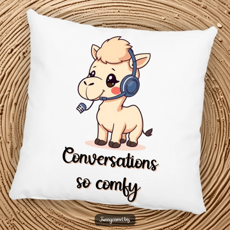 Funny kawaii camel wearing a headset, talking into a microphone, printed on a soft, plush pillow.