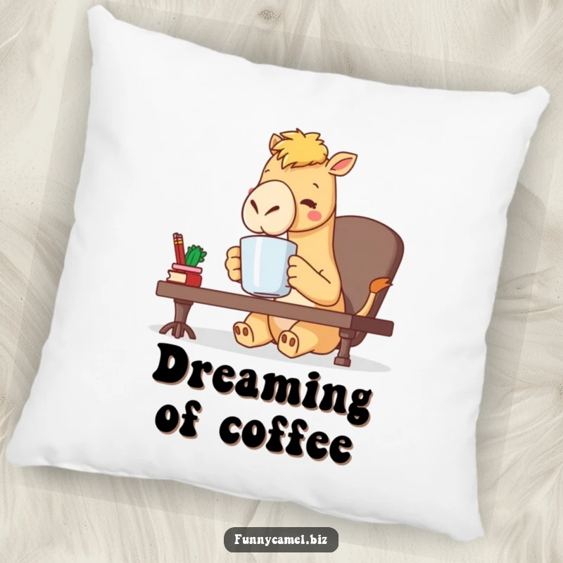 Funny kawaii camel character sipping coffee from a large mug at a desk, soft and cuddly on this comfortable pillow, a gift.