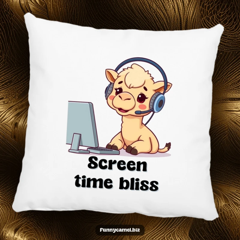 Funny pillow featuring a camel wearing a headset, staring intently at a computer screen, symbolizing virtual connection and fun.