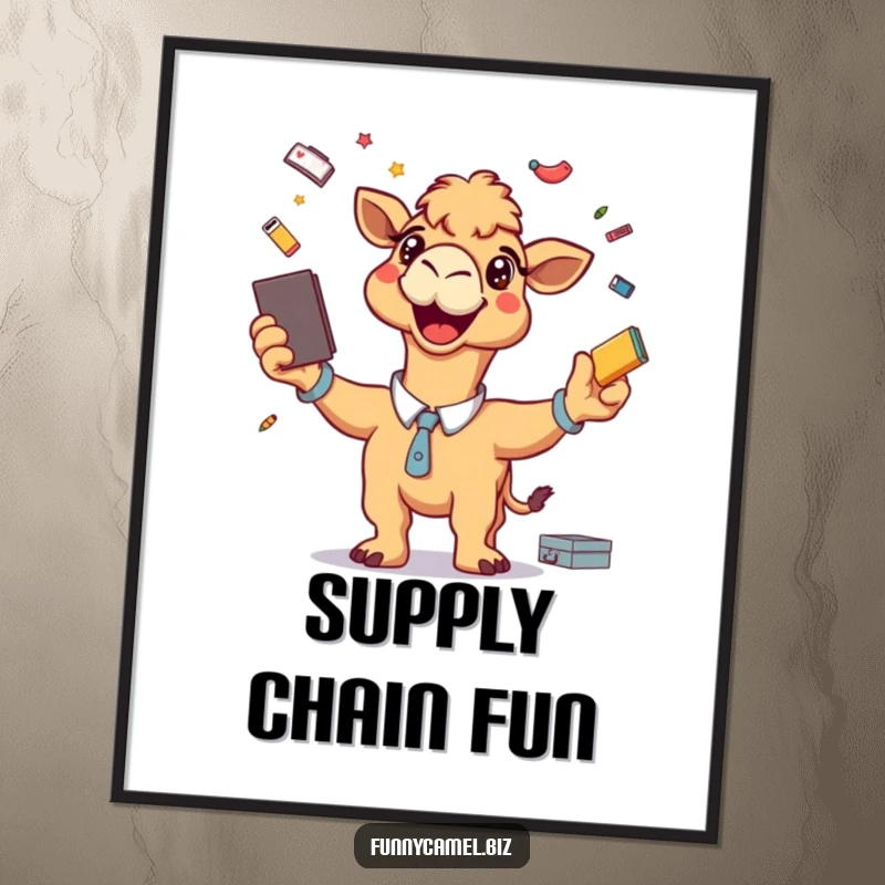 Funny digital art print of an energetic camel with a grin, juggling office supplies, showcasing vibrant and humorous multitasking.