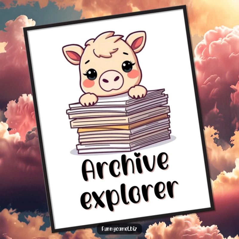 Funny Kawaii camel peeking over abstract documents, available as an instant digital art print, perfect for humorous home or office decor.