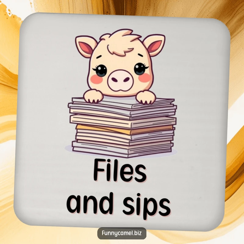 Funny Kawaii camel peeking over abstract documents, printed on a protective drink coaster, adding a humorous element to tabletops.