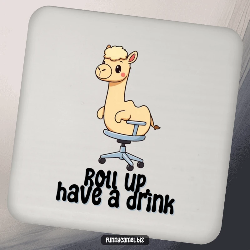 Funny kawaii camel rides an abstract office chair, featured on this protective and humorously absurd drink coaster.