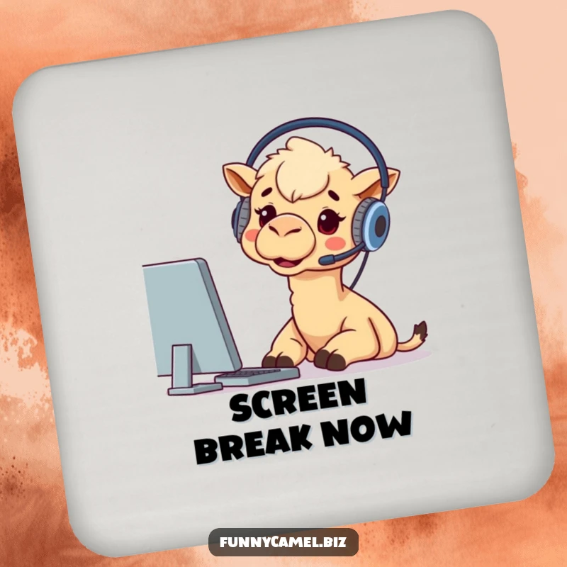Funny drink coaster with a camel wearing a headset, excitedly looking at a computer screen, adding tech humor to any surface.