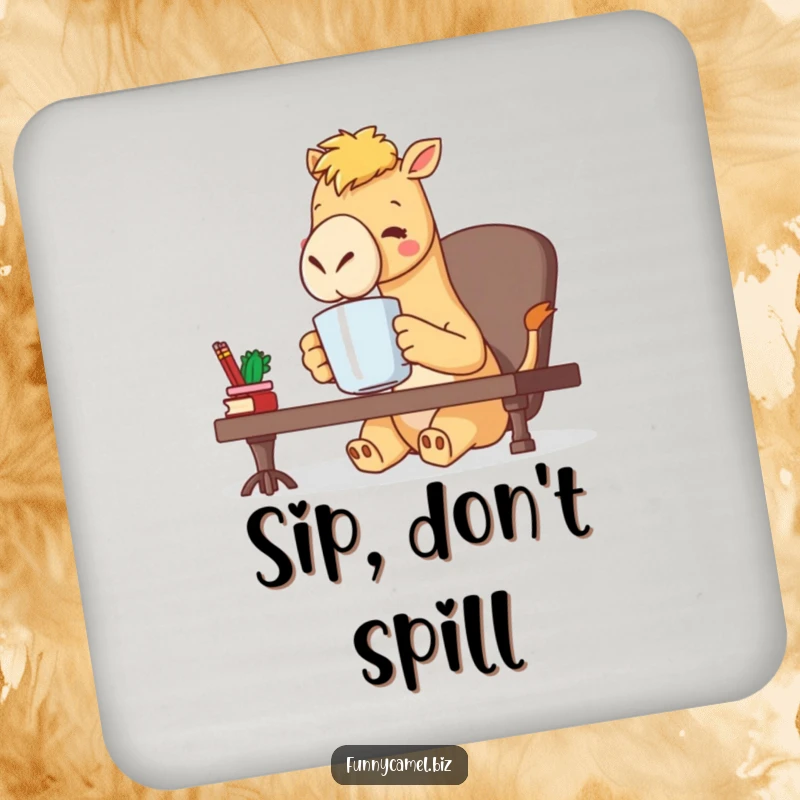 Funny kawaii camel character sipping coffee from a large mug at a desk, a charming and protective coaster for drinks, a great gift.