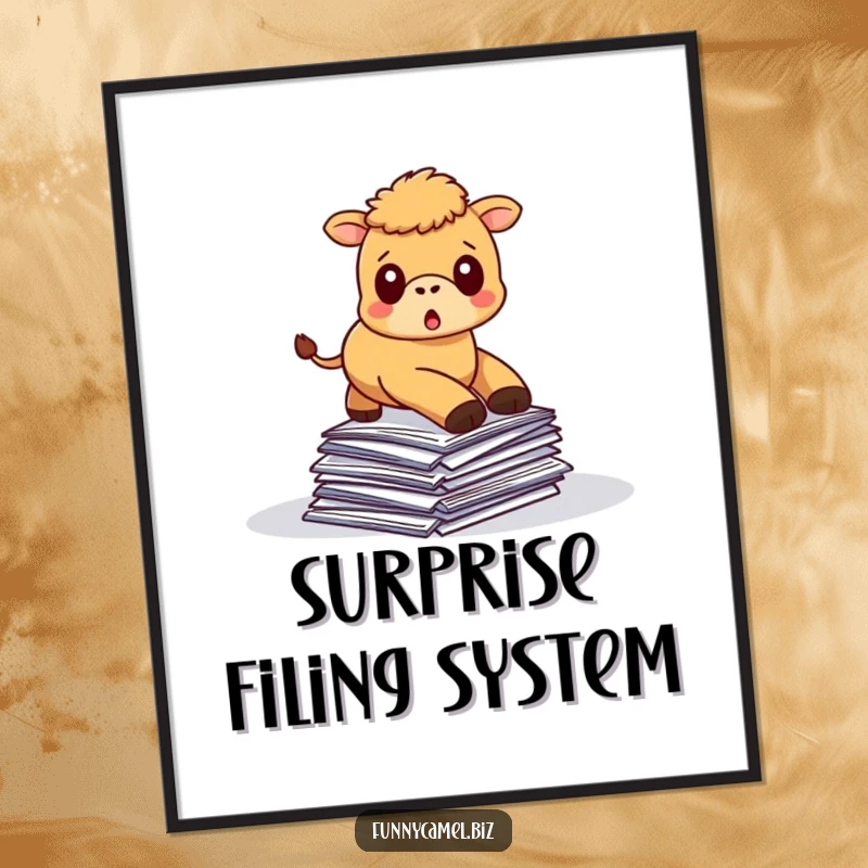 Funny kawaii camel falling amidst scattered papers, with a surprised expression, as a humorous wall poster.
