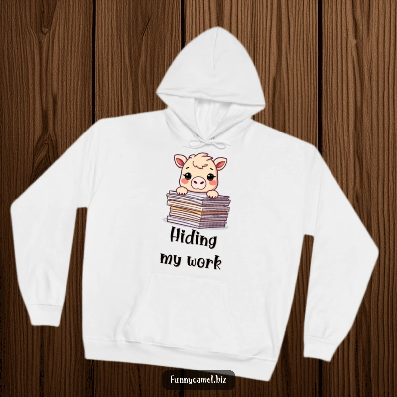 Funny Kawaii camel peeking over abstract documents, depicted on a soft, warm hoodie, perfect for cozy, humorous lounging.