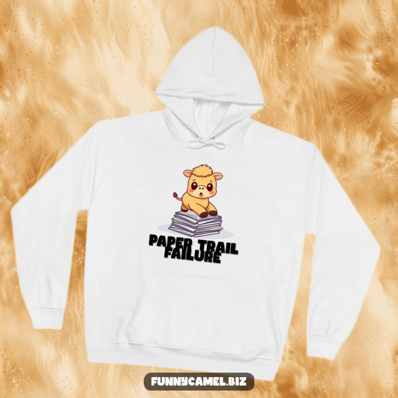 Funny kawaii camel in mid-trip over papers, with a shocked face, on a comfortable, warm hoodie.