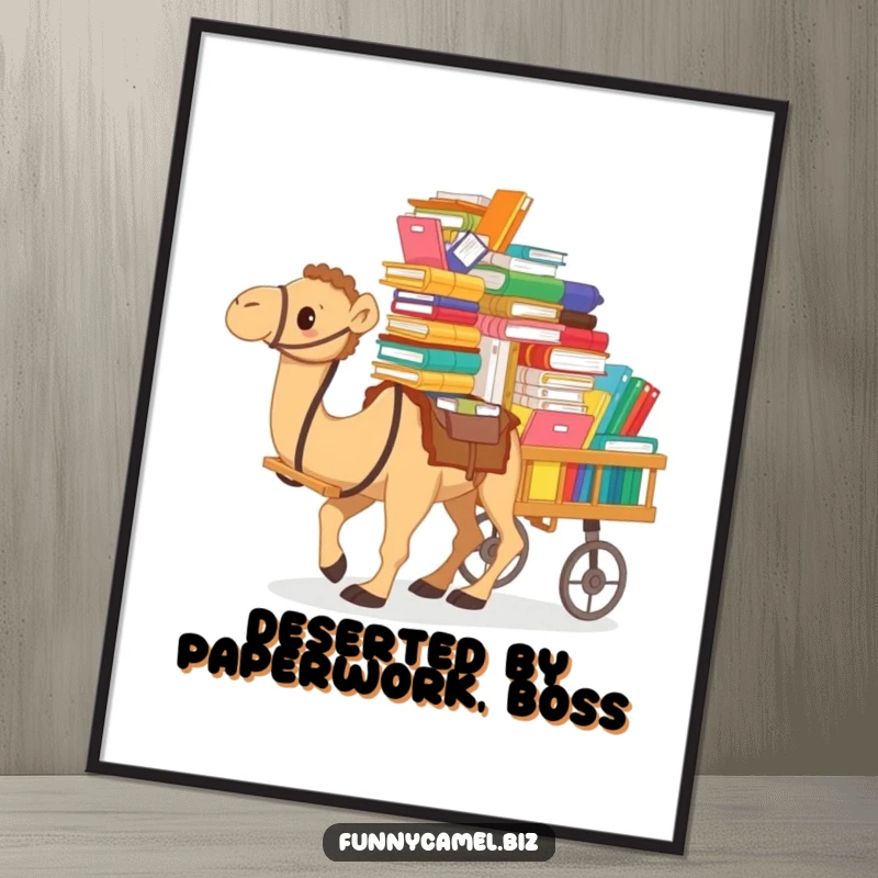 Funny Free Printable Wall Art, a camel struggling to push a cart piled high with colorful documents and files.