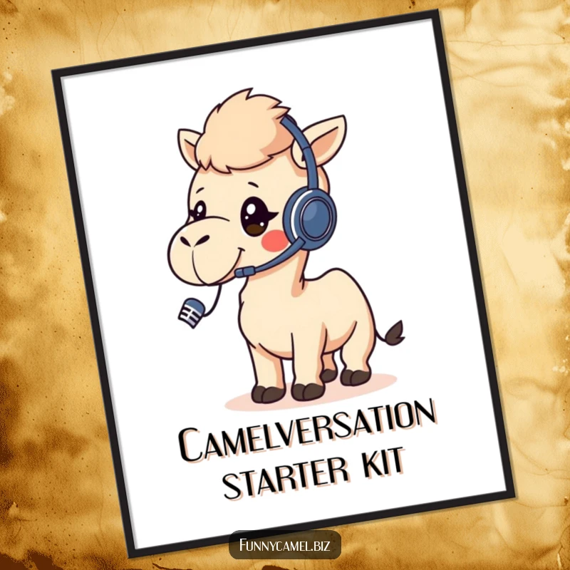 Funny Free Printable Wall Art: Kawaii camel wearing a headset, talking into a microphone, bringing witty vibes.