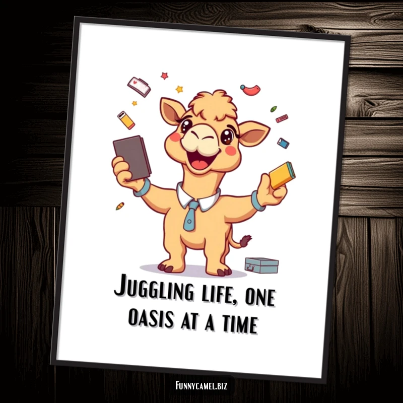 Funny Free Printable Wall Art, a camel bursting with energy, juggling multiple office supplies with a wide, happy grin.