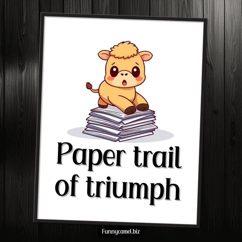 Funny Free Printable Wall Art: Kawaii camel tripping over papers, surprised expression, a moment of delightful chaos.