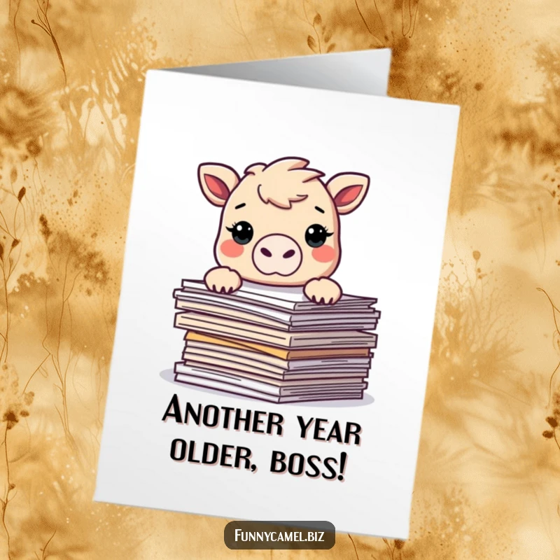 Funny Free Printable Birthday Card: Kawaii camel peeking shyly over a stack of documents, ready to deliver birthday wishes.