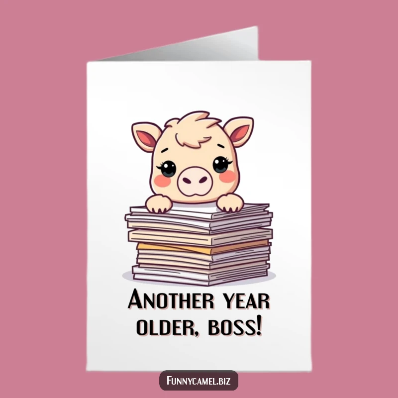 Funny Free Printable Birthday Card: Kawaii Camel Over Documents - Downloadable Gift