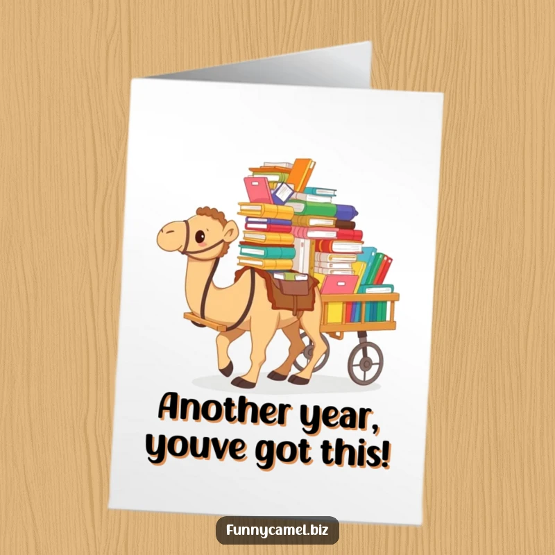 Funny Free Printable Birthday Card, a camel struggling to push a cart full of documents, symbolizing birthday chaos.