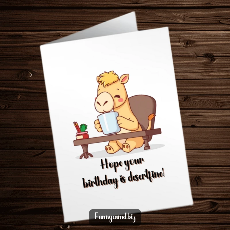 Funny Free Printable Birthday Card: Kawaii camel character sipping coffee from a huge mug at a desk on their birthday.