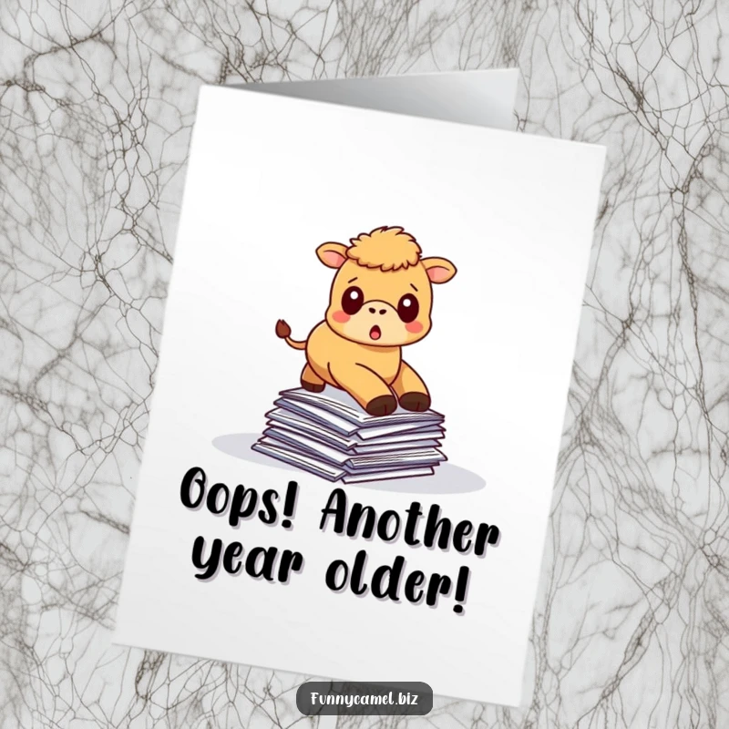 Funny Free Printable Birthday Card: Kawaii camel tripping over papers, wide-eyed surprise, a birthday mishap.