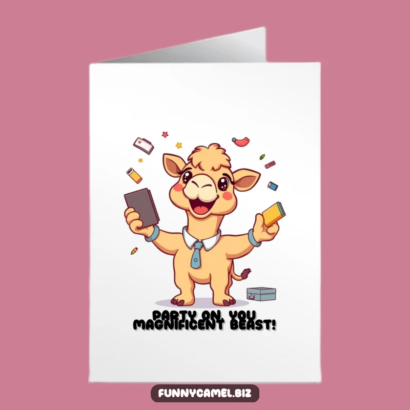 Funny Free Printable Birthday Card: Energetic Camel Office Party Humor Downloadable Gift