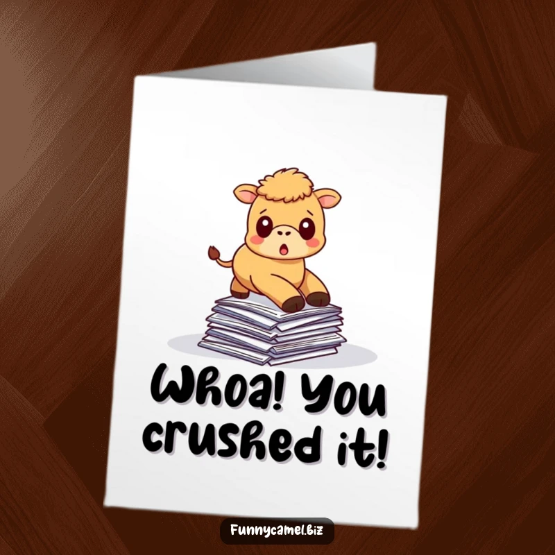 Funny Free Printable Congrats Card: Kawaii camel in a paper pile-up, surprised but celebrating success, a fun mess.