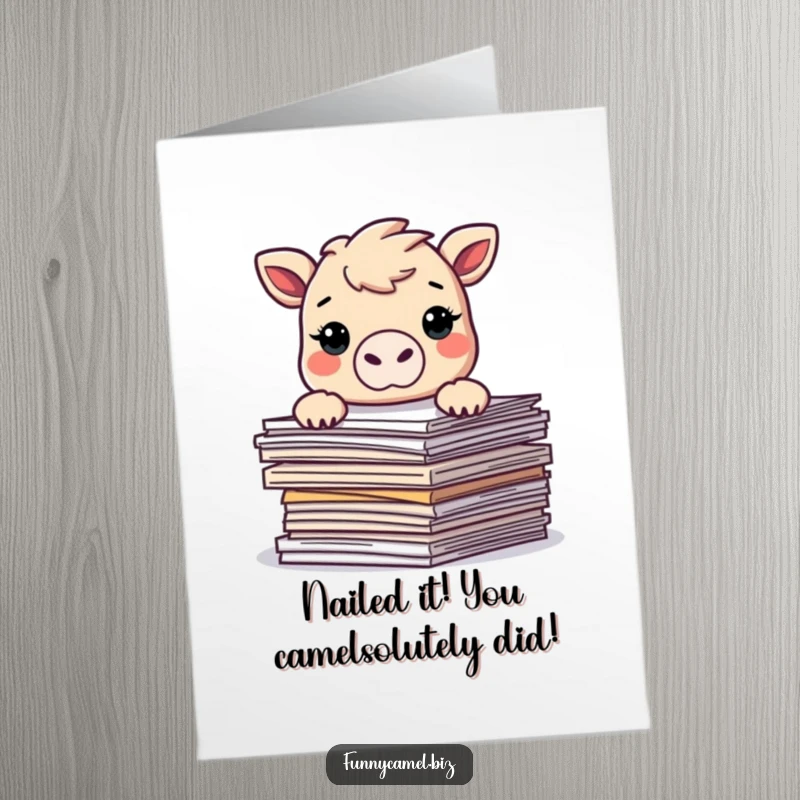 Funny Free Printable Congrats Card: Kawaii camel peeking over abstract documents, symbolising overflowing achievements. A great downloadable gift.