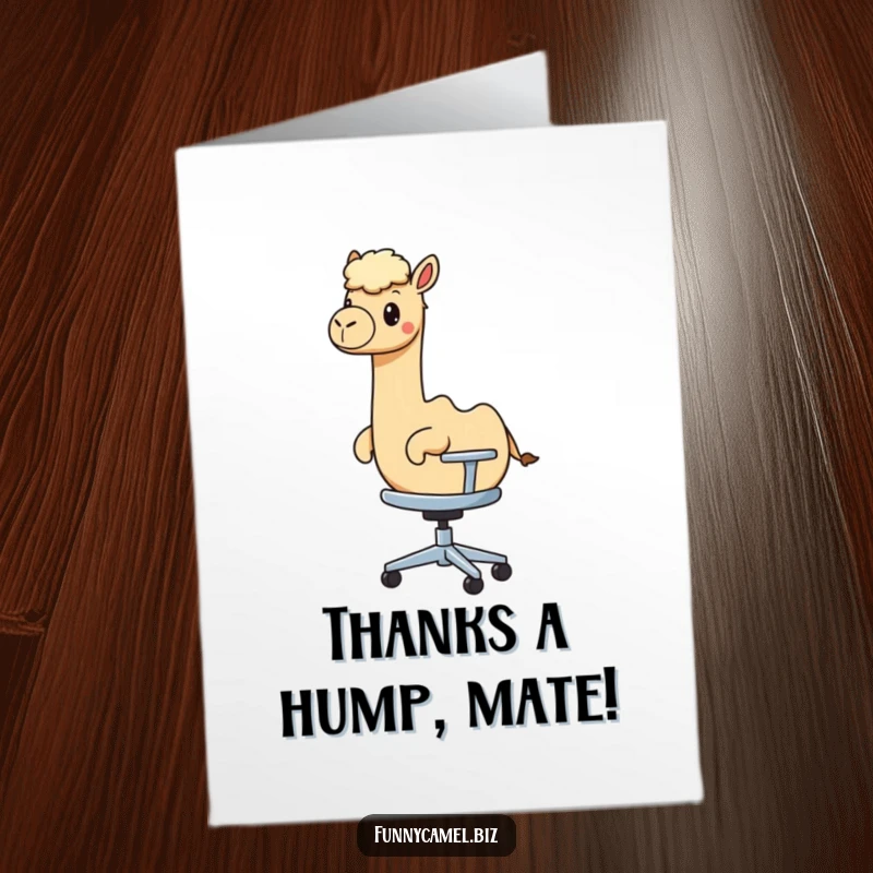 Funny Free Printable Thank You Card: A kawaii camel character joyfully rides a rolling abstract office chair.
