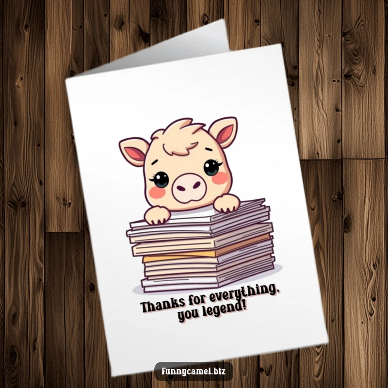 Funny Free Printable Thank You Card: Kawaii camel peering over a pile of documents, offering thanks with a smile. Easy to print at home.