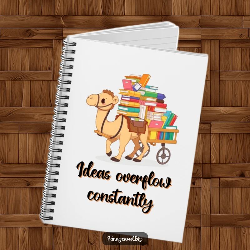 Funny notebook cover with a camel pushing a cart full of colorful documents and files, representing a busy mind's workload.