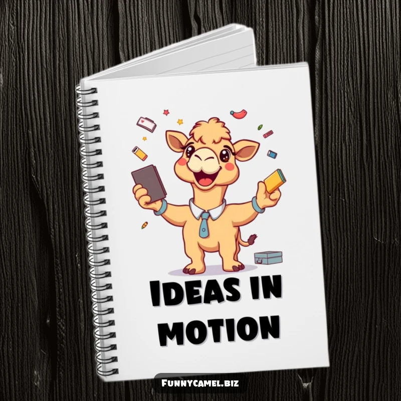 Funny notebook cover with an energetic camel grinning while juggling office supplies, representing productive and fun multitasking.