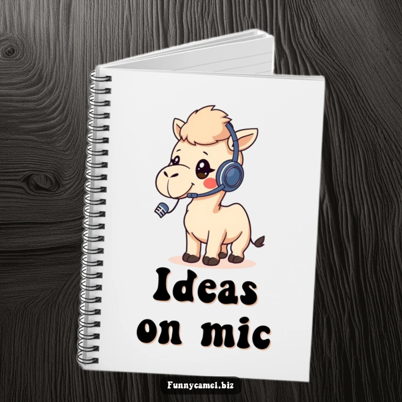 Funny kawaii camel wearing a headset, talking into a microphone, on the cover of a lined notebook.