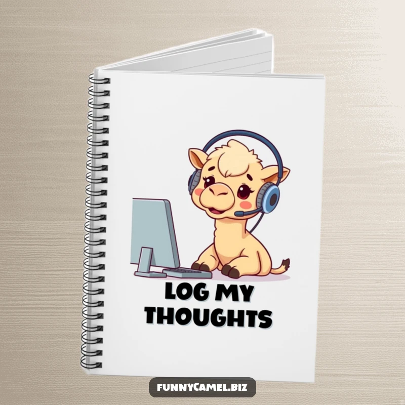Funny notebook cover depicting a camel with a headset, excitedly looking at a computer screen, representing focus and digital engagement.