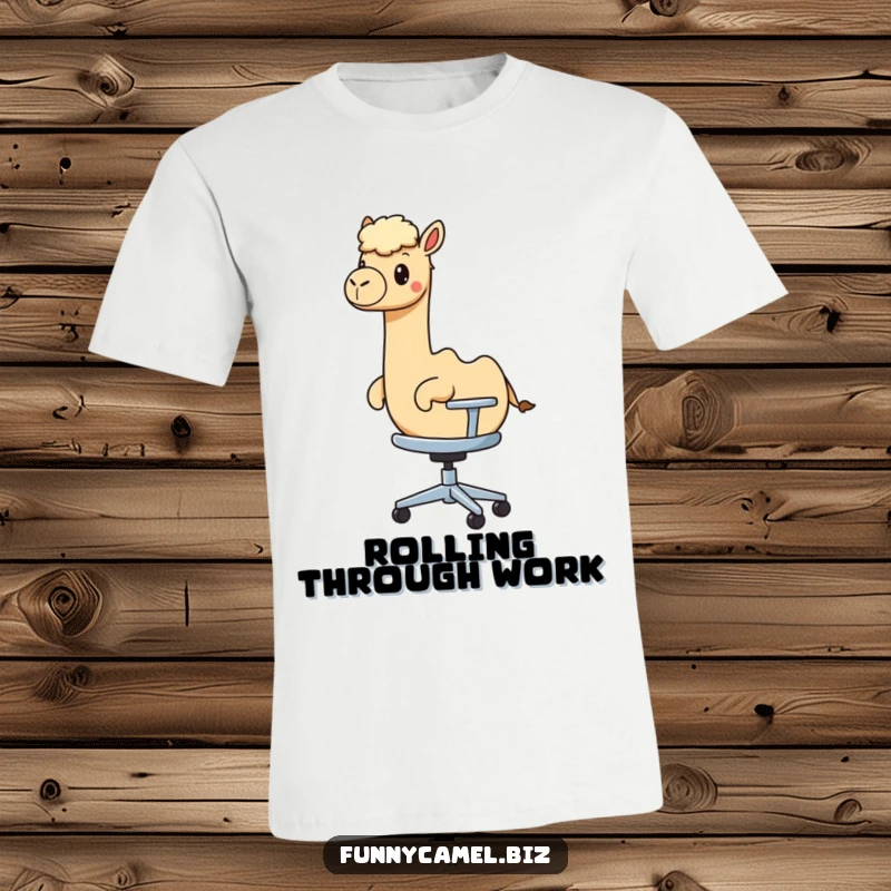 A cute kawaii camel humorously rides an abstract rolling office chair on this funny and quirky t-shirt.