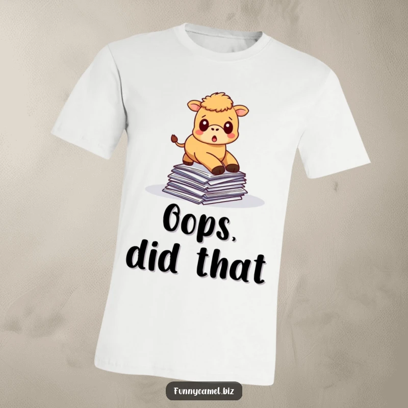 Funny kawaii camel tripping over a messy stack of documents, printed on a soft cotton t-shirt.