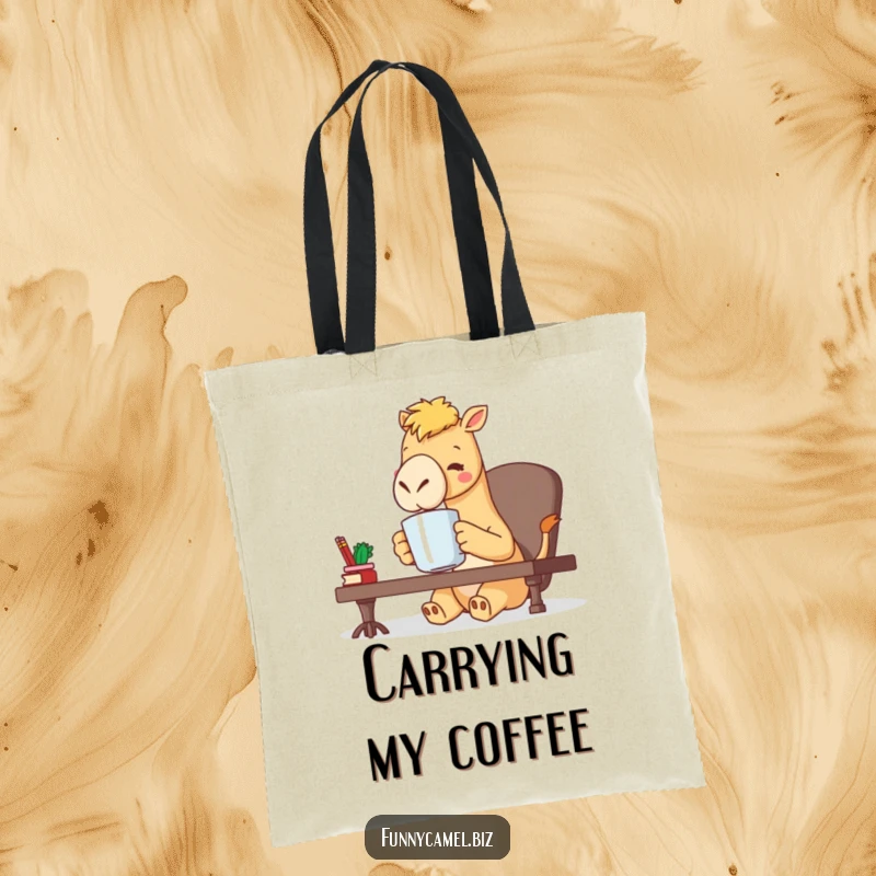 Funny kawaii camel character sipping coffee from a large mug at a desk, a humorous and functional tote bag for work, a gift.